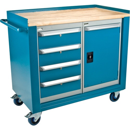 KLETON Mobile Cabinet Workbench - 4 Drawer - 544.31 kg Capacity - 4 Casters - 5" (127 mm) Caster Size - Hardwood, Steel - 42" Width x 24" Depth x 37" Height - Blue Enamel Frame - Gray, Kleton Blue
