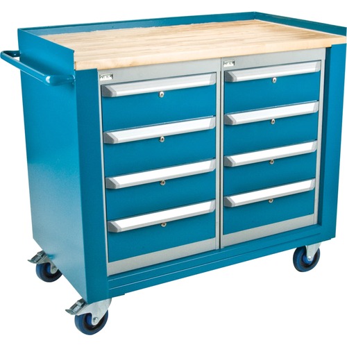 KLETON Mobile Cabinet Workbench - 8 Drawer - 544.31 kg Capacity - 4 Casters - 5" (127 mm) Caster Size - Hardwood, Steel - 42" Width x 24" Depth x 37" Height - Blue Enamel Frame - Gray, Kleton Blue