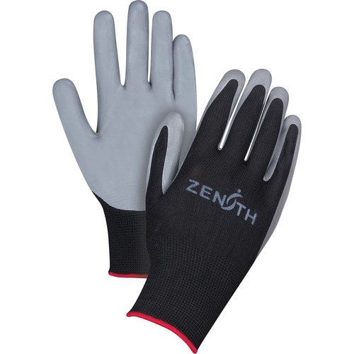 Zenith Black Nylon Nitrile Coated Gloves, Size 9 - Nitrile Coating - 10 Size Number - X-Large Size - Nylon Liner - Black, Gray - Fatigue-free, Dirt Resistant, Cut Resistant, Puncture Resistant, Abrasion Resistant, Comfortable, Breathable, Durable, Knit Wr