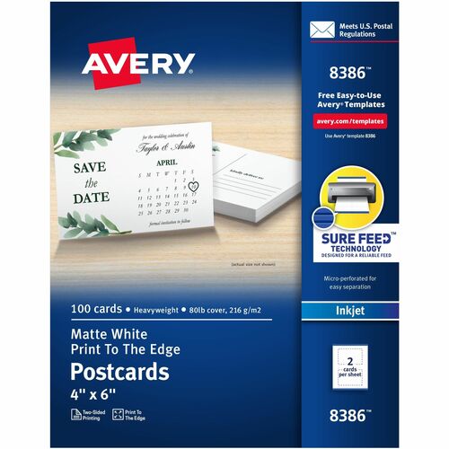 Avery® Sure Feed Postcards - 97 Brightness - 6" x 4" - Matte - 100 / Box - Perforated, Heavyweight, Rounded Corner, Print-to-the-edge, Recyclable - White