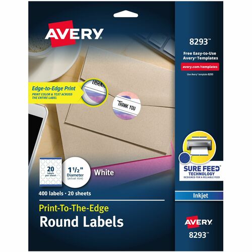 Avery® High Visibility Round Labels - - Width1 1/2" Diameter - Permanent Adhesive - Round - Inkjet - White - Paper - 20 / Sheet - 20 Total Sheets - 400 Total Label(s) - 20 / Pack - Print-to-the Edge, Permanent Adhesive, Stick & Stay