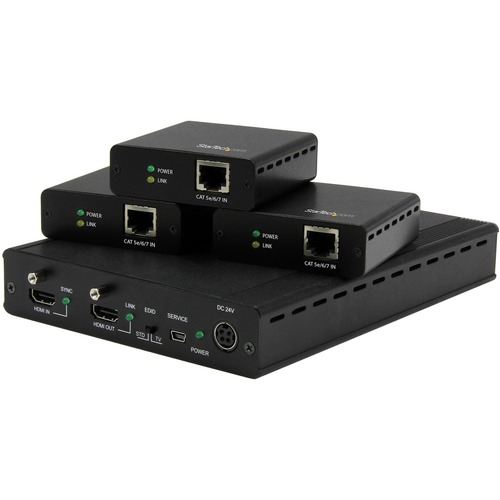 StarTech.com 3 Port HDBaseT Extender Kit with 3 Receivers - 1x3 HDMI over CAT5e/CAT6 Splitter - 1-to-3 HDBaseT Distribution System - Up to 4K - Distribute your HDMI source to three remote displays over standard CAT5e/CAT6/ CAT7 cable - HDMI splitter - 4K 