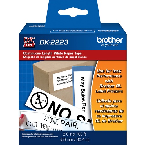 Brother DK2223 - White Continuous Length Paper Tape - Permanent Adhesive - 2" Width x 100 ft Length - White - Paper