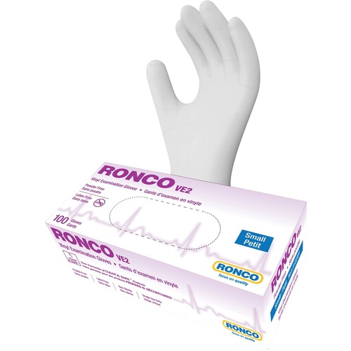 Ronco VE2 Vinyl Examination Glove (4 mil) - Small Size - Polyvinyl Chloride (PVC) - Clear - Latex-free, Ambidextrous, Powder-free, Flexible, Comfortable, Durable, Beaded Cuff - For Food, General Purpose, Healthcare Working - 100 / Box - 4 mil (0.10 mm) Th