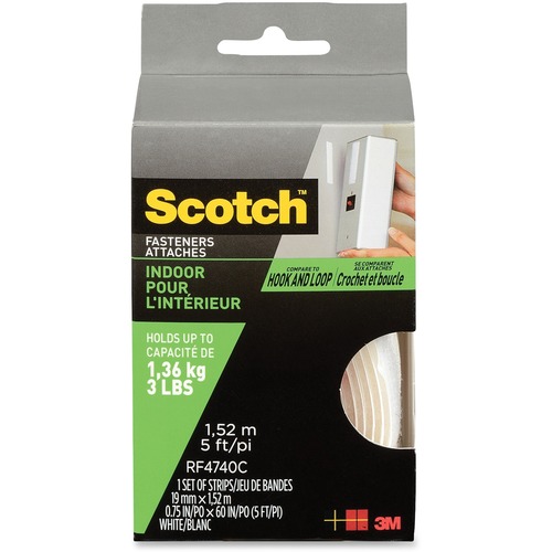 Scotch Indoor Hook/Loop Fasteners - 5 ft (1.5 m) Length x 0.75" (19.1 mm) Width - 1 / Pack - White - Hooks & Hangers - MMMRF4740