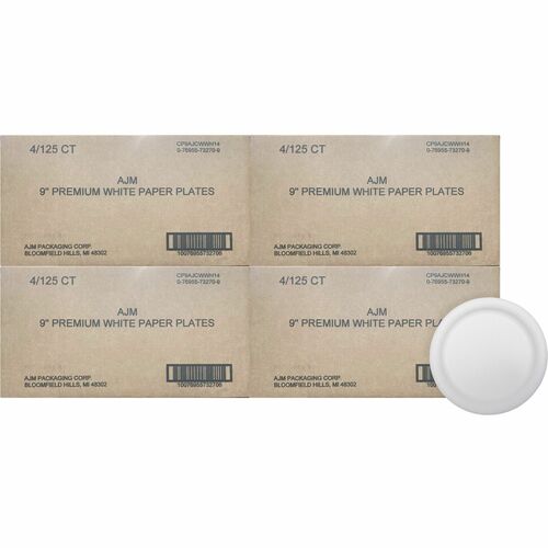 AJM 9" Dinnerware Paper Plates - Disposable - 9" Diameter - White - Paper Body - 125 / Pack - 4 / Carton