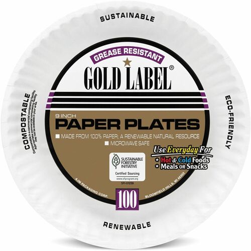 AJM 9" Dinnerware Paper Plates - Serving - Disposable - Microwave Safe - White - Paper Body - 100 / Pack