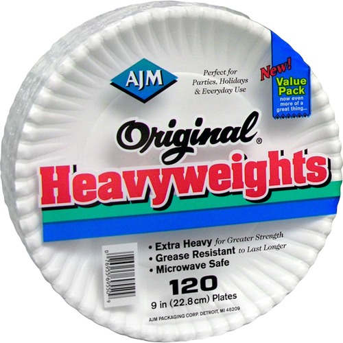 AJM 9" Original Heavyweight Plates - Serving, Reheating - Disposable - Microwave Safe - 9" Diameter - White - Paper Body - 120 / Pack