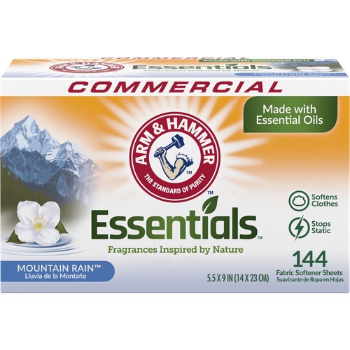 Arm & Hammer Essentials Fabric Softener Sheets - Mountain Rain Scent - 144 / Box - 864 / Carton - Long Lasting, Anti-static, Pleasant Scent, Machine Washable, Durable - White