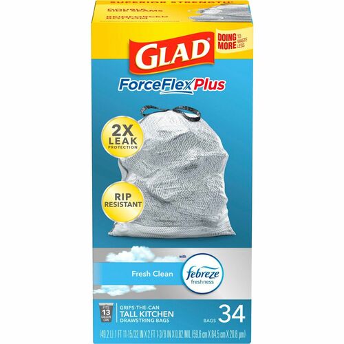Glad ForceFlexPlus Tall Kitchen Drawstring Trash Bags - Fresh Clean with Febreze Freshness - 13 gal Capacity - 24.02" Width x 24.88" Length - 0.82 mil (21 Micron) Thickness - Drawstring Closure - Gray - 34/Box - Kitchen