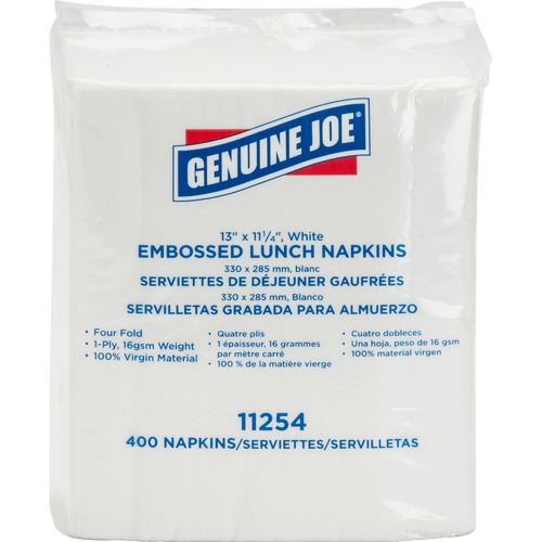 Genuine Joe 1-ply Embossed Lunch Napkins - 1 Ply - Quarter-fold - 13" x 11.3" - White - Embossed, Versatile, Soft - For Lunch - 400 Per Pack - 400 / Pack - Paper Napkins - GJO11254PK