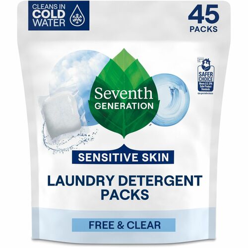 Seventh Generation Laundry Detergent - For Laundry - Free & Clear Scent - 45 / Packet - 1 / Pack - Non-toxic, Hypoallergenic, Non-irritating, Cruelty-free, Bio-based, Unscented, Gluten-free - White