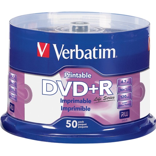 Verbatim DVD Recordable Media - DVD+R - 16x - 4.70 GB - 50 Pack Spindle - 120mm - Printable - Inkjet Printable - 2 Hour Maximum Recording Time