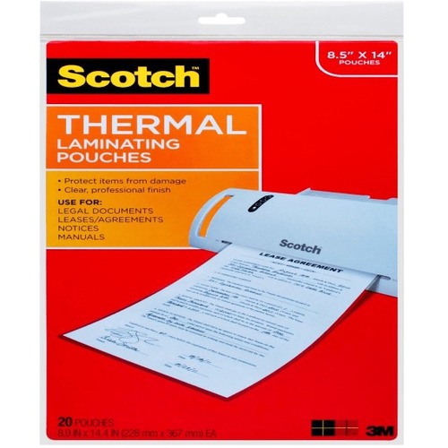 Scotch Thermal Laminating Pouches, 8-1/2" x 14" , Clear, Pack Of 20 Sheets, TP3855-20 - Sheet Size Supported: Legal 8.50" Width x 14" Length - for Sign, Schedule, Artwork, Certificate, Document - Photo-safe, Durable - Clear - 20 / Pack