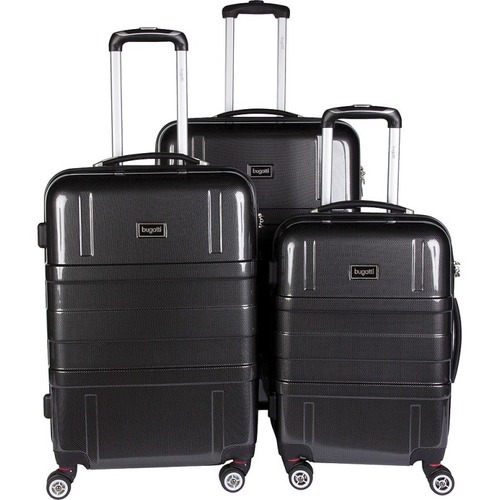 bugatti Travel/Luggage Case (Roller) Travel Essential - Black - Impact Resistant - ABS Plastic Shell, Polycarbonate Shell - Checked - Checkpoint Friendly - Telescoping Handle, Hand Carry - 3 x Pieces per Set - 28" (711.20 mm) Height x 12" (304.80 mm) Widt