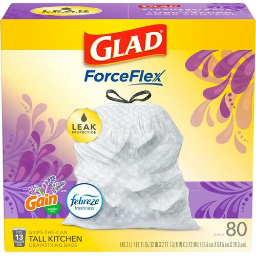 Glad ForceFlex Tall Kitchen Drawstring Trash Bags - Mediterranean Lavender with Febreze Freshness - 13 gal Capacity - 24.02" Width x 27.36" Length - 0.78 mil (20 Micron) Thickness - Drawstring Closure - White - 80/Box - 80 Per Box - Garbage, Office, Kitch