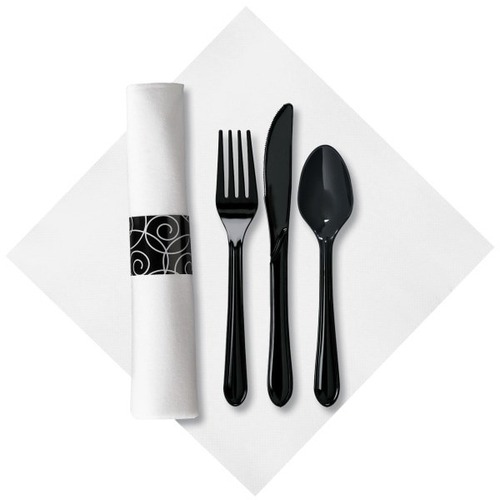 Linen-Like Pre-wrapped Cutlery Kit - 100/Carton - Cutlery Set - Disposable - Black, White