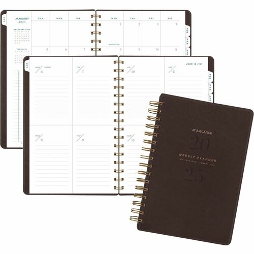 At-A-Glance Signature Collection Planner - Small Size - Julian Dates - Weekly, Monthly - 13 Month - January 2024 - January 2025 - 1 Week, 1 Month Double Page Layout - 5 1/2" x 8 1/2" White Sheet - Wire Bound - Brown - Faux Leather - Pocket, Bleed Resistan