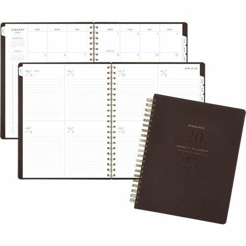 At-A-Glance Signature Collection Planner - Large Size - Professional - Julian Dates - Weekly, Monthly - 13 Month - January 2024 - January 2025 - 1 Week, 1 Month Double Page Layout - 8 1/2" x 11" White Sheet - Wire Bound - Brown - Faux Leather - Appointmen