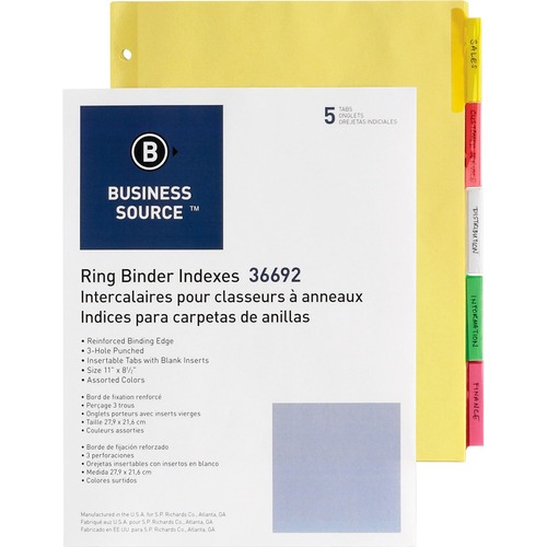 Business Source Insertable Tab Ring Binder Indexes - 5 Blank Tab(s)2" Tab Width - 8.5" Divider Width x 11" Divider Length - Letter - 3 Hole Punched - Multicolor Tab(s) - 50 / Box