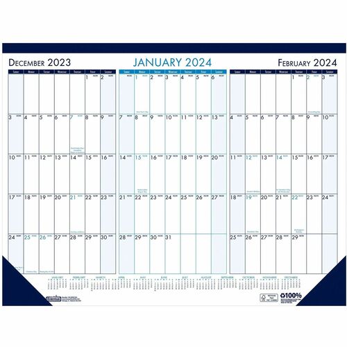 House of Doolittle 3-month View Monthly Desk Pad Calendar - Julian Dates - Monthly - 12 Month - January - December - 3 Month Single Page Layout - 17" x 22" Sheet Size - Desk Pad - Black, Blue - Planning Matrix, Reinforced Corner, Durable, Perforated, Easy