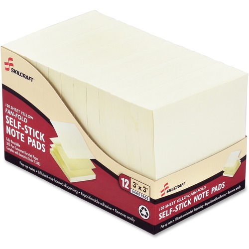 SKILCRAFT 3" Yellow Self-stick Note Pads - 3" Flag/Note Width x 3" Flag/Note Length - Square - Unruled - Yellow - Self-stick, Fanfold, Repositionable, Removable, Residue-free - Recycled - 1 Dozen