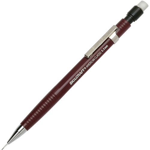 SKILCRAFT® Push Action Mechanical Pencil - 0.5 mm Lead - Refillable - Burgundy Plastic Barrel - 1 Dozen