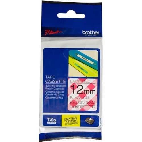 Brother PTouch Black on Red Gingham Tape 12mm x - x 15/32" (12 mm) Width - Direct Thermal - Laminated - 1