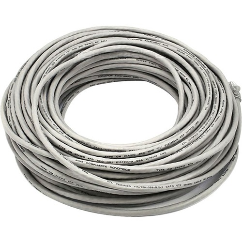 Monoprice Cat5e 24AWG UTP Ethernet Network Patch Cable, 100ft Gray - 100 ft Category 5e Network Cable for Network Device - First End: 1 x RJ-45 Network - Male - Second End: 1 x RJ-45 Network - Male - Patch Cable - Gold Plated Contact - 24 AWG - Gray