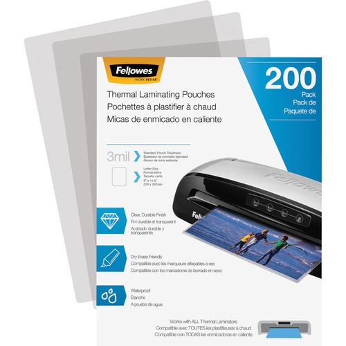 Fellowes Thermal Laminating Pouches - Letter, 3 mil, 200 pack - Sheet Size Supported: Letter 8.50" (215.90 mm) Width x 11" (279.40 mm) Length - Laminating Pouch/Sheet Size: 9" Width3 mil Thickness - Durable - Clear - 200 / Pack
