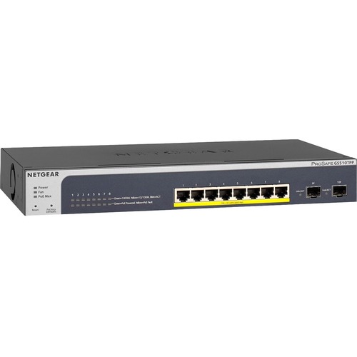 Netgear ProSAFE 8-Port PoE+ Gigabit Smart Managed Switch with 2 SFP Ports (GS510TPP) - 8 Ports - Manageable - Gigabit Ethernet - 1000Base-T - 3 Layer Supported - Modular - 2 SFP Slots - Twisted Pair, Optical Fiber - Rack-mountable, Desktop - Lifetime Limi