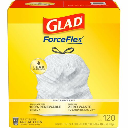Glad ForceFlex Tall Kitchen Drawstring Trash Bags - 13 gal Capacity - 9 mil (229 Micron) Thickness - Drawstring Closure - White - Plastic - 120/Box - Home, Day Care, Breakroom, Garbage, Kitchen