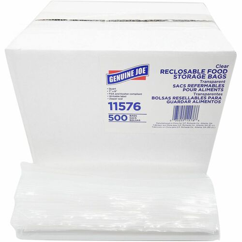 Genuine Joe Food Storage Bags - 7" Width x 8" Length x 1.75 mil (44 Micron) Thickness - Zipper Closure - Clear - Food, Beef, Poultry, Vegetables, Seafood - 500 / Box