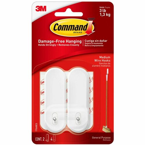 Command Medium Wire Hook - 3 lb (1.36 kg) Capacity - Plastic - White - 2 / Pack