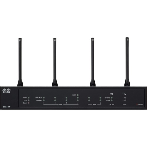 Cisco RV340W Wi-Fi 5 IEEE 802.11ac Ethernet Wireless Router - 2.40 GHz ISM Band - 5 GHz UNII Band - 345.60 MB/s Wireless Speed - 4 x Network Port - 2 x Broadband Port - USB - Gigabit Ethernet - VPN Supported - Desktop