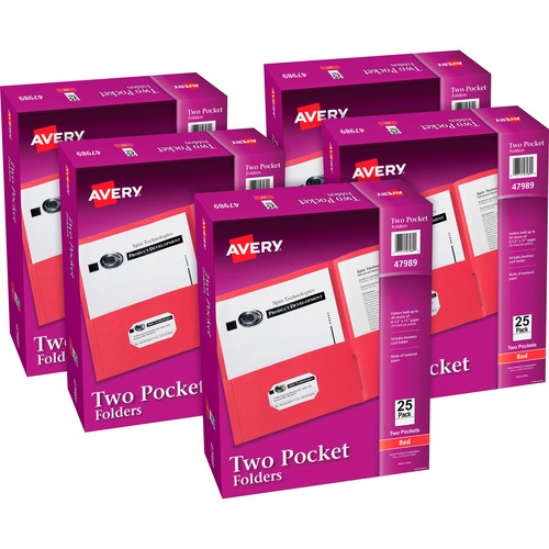 Avery® Letter Pocket Folder - 8 1/2" x 11" - 40 Sheet Capacity - 2 Internal Pocket(s) - Embossed Paper - Red - 125 / Carton