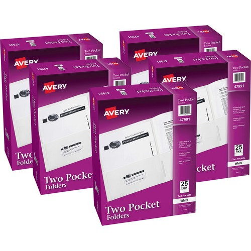 Avery® Letter Pocket Folder - 8 1/2" x 11" - 40 Sheet Capacity - 2 Internal Pocket(s) - Embossed Paper - White - 125 / Carton