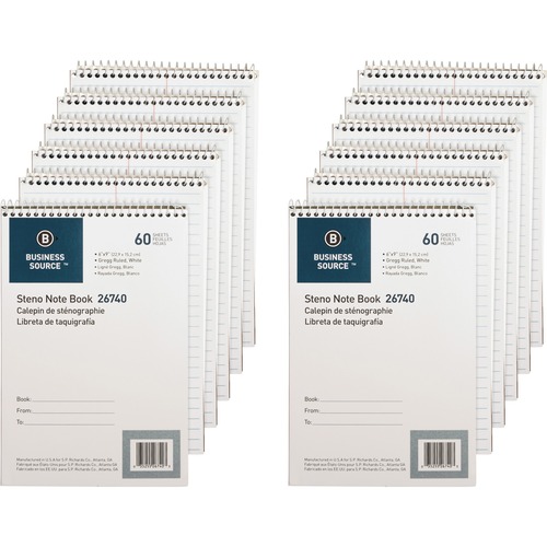 Business Source Steno Notebook - 60 Sheets - Wire Bound - Gregg Ruled Margin - 15 lb Basis Weight - 6" x 9" - White Paper - Stiff-back - 12 / Pack