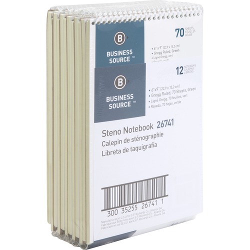 Business Source Steno Notebook - 70 Sheets - Wire Bound - Gregg Ruled Margin - 15 lb Basis Weight - 6" x 9" Sheet Size - Green Paper - Stiff-back - 12 / Pack