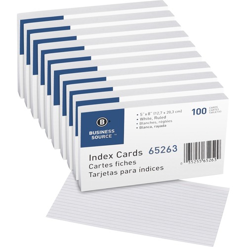 Business Source Ruled Index Cards - Front Ruling Surface - Ruled - 72 lb Basis Weight - 8" x 5" - White Paper - 500 / Box