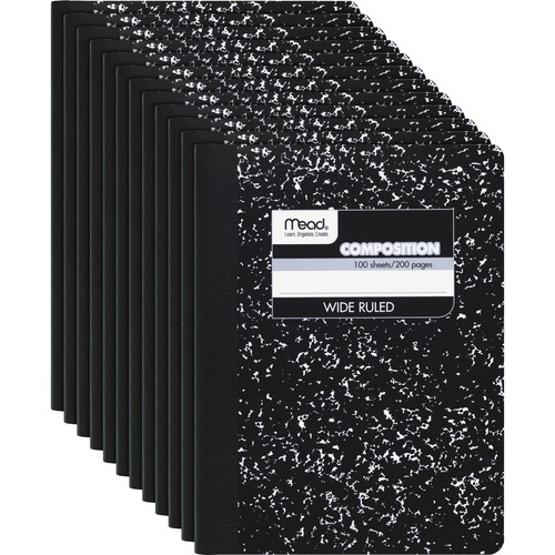 Mead Wide Ruled Composition Notebook - 100 Sheets - Sewn - 7 1/2" x 9 3/4" - White Paper - Black Marble Cover - 12 / Carton