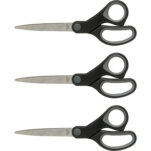 Sparco Straight Scissors w/Rubber Grip Handle - 7" Overall Length - Straight - Stainless Steel - Pointed Tip - Black, Gray - 3 / Bundle