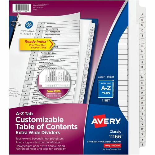 Avery Extra Wide A-Z Tabs Ready Index Dividers - 26 x Divider(s) - A-Z, Table of Contents - 26 Tab(s)/Set - 9.3" Divider Width x 11" Divider Length - 3 Hole Punched - White Paper Divider - Black Paper, White Tab(s) - Hole-punched, Pre-printed, Printable, 