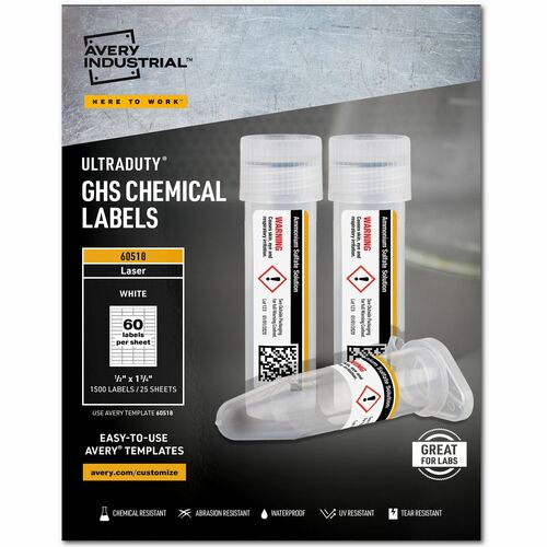 Avery® UltraDuty Chemical Label - Waterproof - 1/2" Width x 1 3/4" Length - Permanent Adhesive - Rectangle - Laser - White - Film - 60 / Sheet - 25 Total Sheets - 1500 Total Label(s) - Print-to-the Edge, Permanent Adhesive, Chemical Resistant, Abrasio