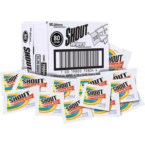 Shout Wipes Instant Stain Remover - For Clothing - 5.90" Length x 4.70" Width - 80 / Carton - Disposable - White
