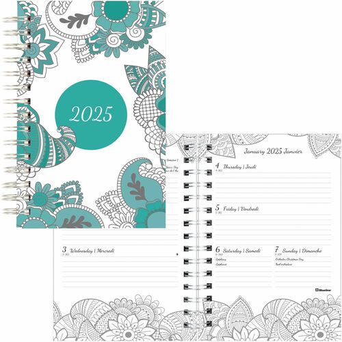 Blueline® DoodlePlan™ Weekly/Monthly Planner 8" x 5" Botanica Bilingual - Julian Dates - Weekly, Monthly - January 2024 - December 2024 - 1 Week Double Page Layout - 5" x 8" Sheet Size - Twin Wire - Poly - 1 Each