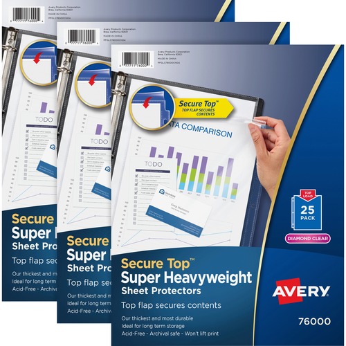 Avery® Secure Top Sheet Protectors - For Letter 8 1/2" x 11" Sheet - 3 x Holes - Ring Binder - Top Loading - Clear - Polypropylene - 75 / Bundle