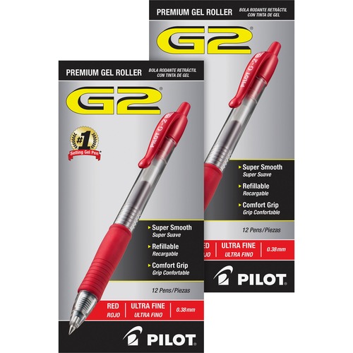 Pilot G2 Premium Gel Roller Retractable Pens - Ultra Fine Pen Point - 0.38 mm Pen Point Size - Refillable - Retractable - Red Gel-based Ink - Clear Barrel - 24 / Bundle