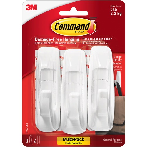 Command Large Utility Hook Value Pack - 5 lb (2.27 kg) Capacity - for Wood, Paint, Tile - Plastic - White - 3 / Pack