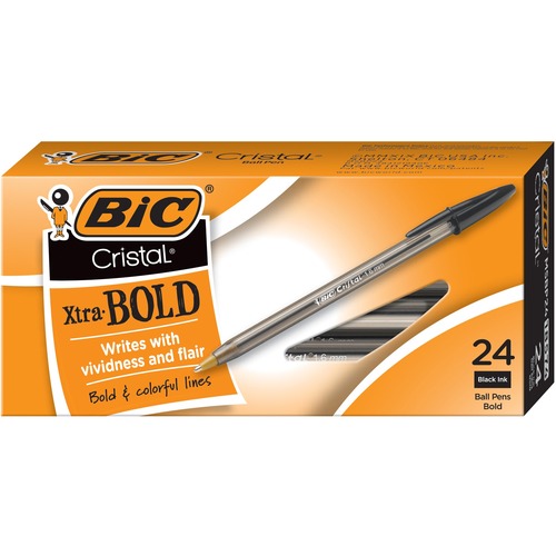 BIC Cristal Xtra Bold Ball Pen, Black, 24 Pack - 1.6 mm Extra Bold Pen Point - Black Ink - Translucent Barrel - 24 Pack